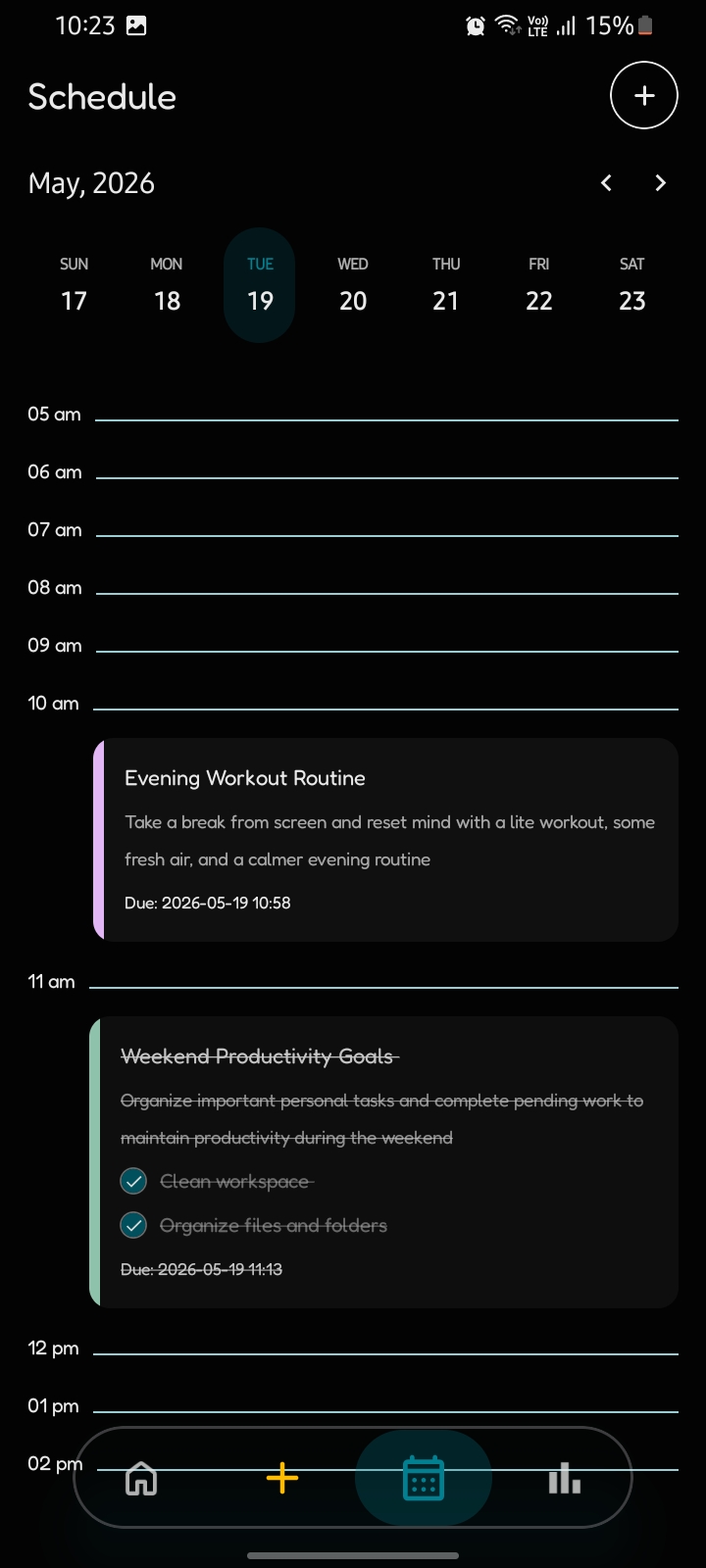 Taskaro calendar view showing tasks and deadlines organised by date
