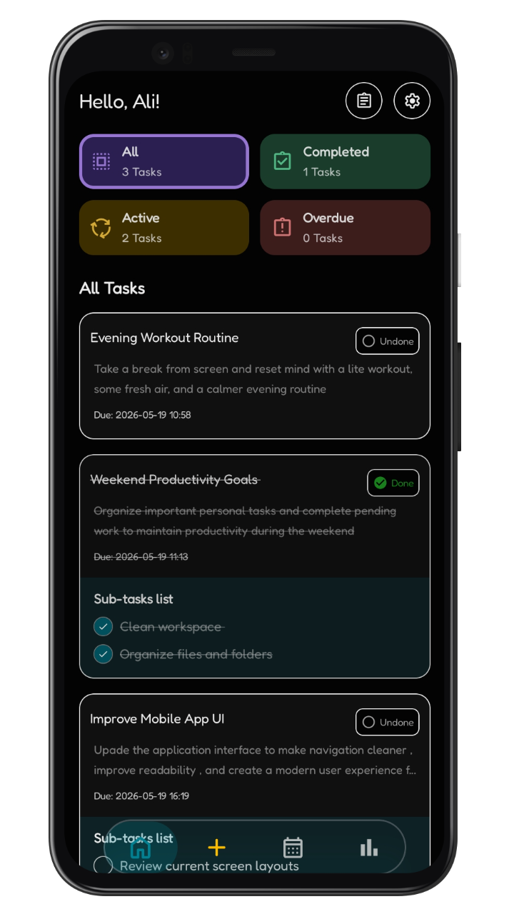 Taskaro web app task manager showing task list with priorities and deadlines